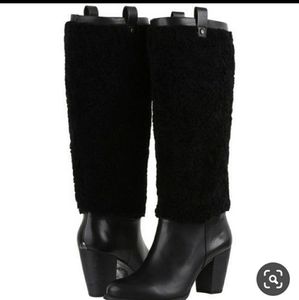 Ugg Ava exposed shearling Sherpa Leather Knee High Boots Designer Black Fur